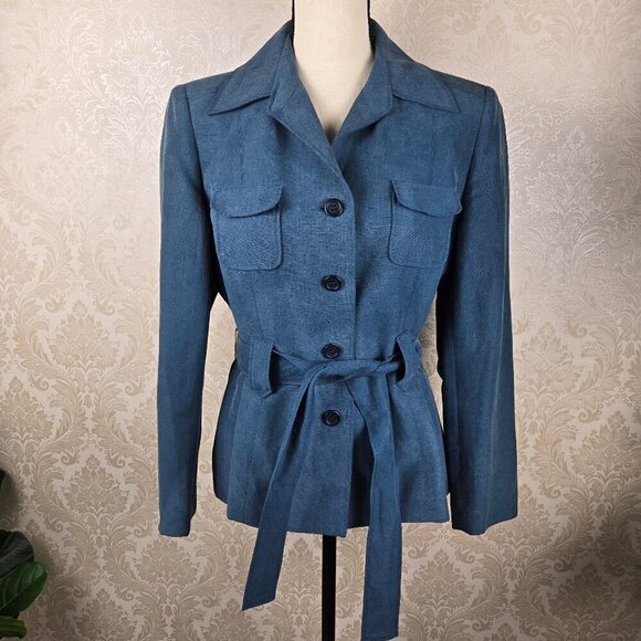 Talbots Petite Size 12 Smokey Blue Jacket 4 Button Closure Belt LInen/Silk Blend - Picture 1 of 12